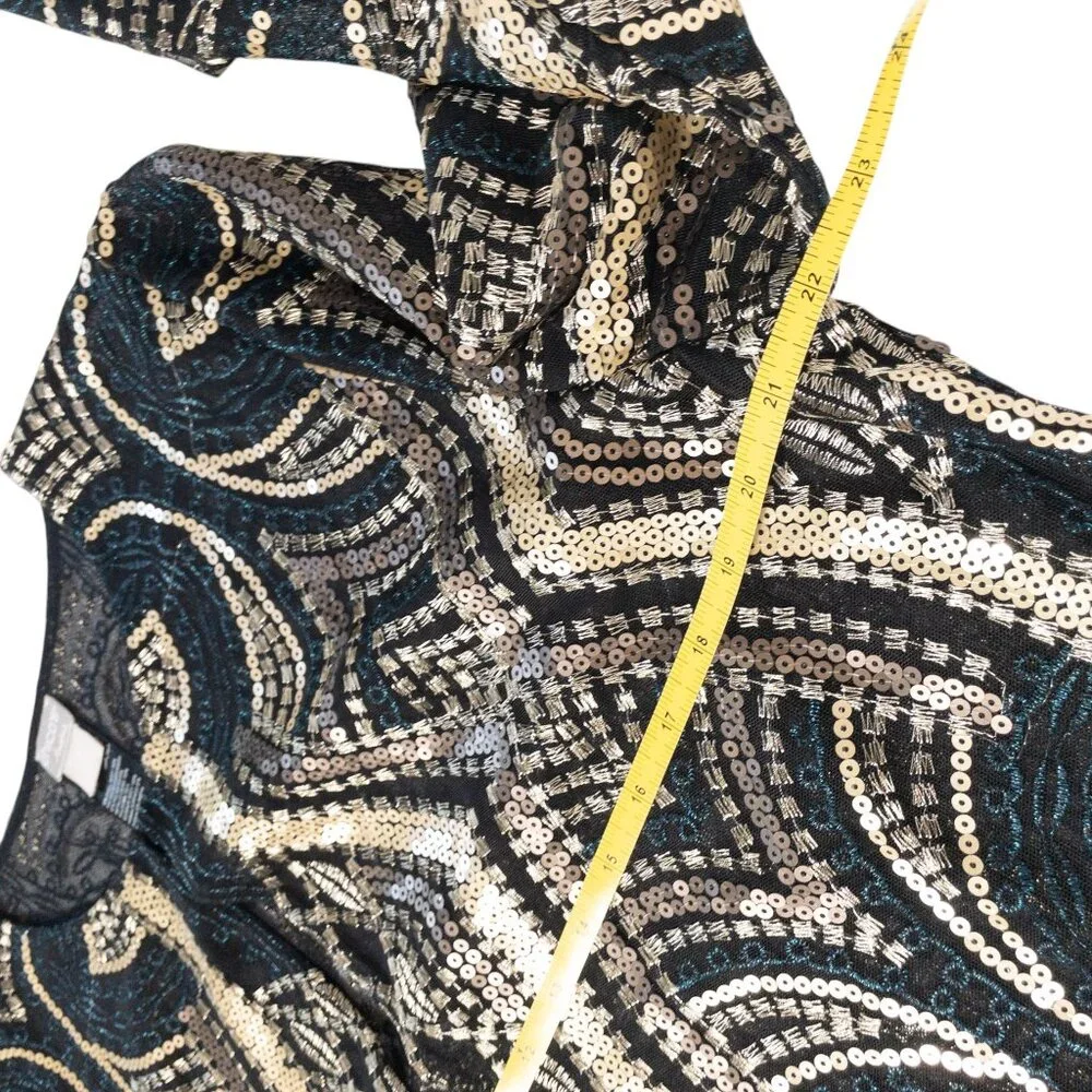 Chico's Sheer Open Jacket Travelers Collection Gold Black Geometric SZ L Sequin - Picture 9 of 11